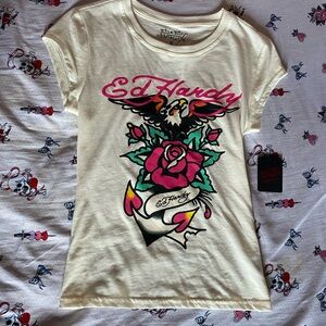 Ed Hardy Cream Tee with Pink Rose, Black Eagle & Green Leaves